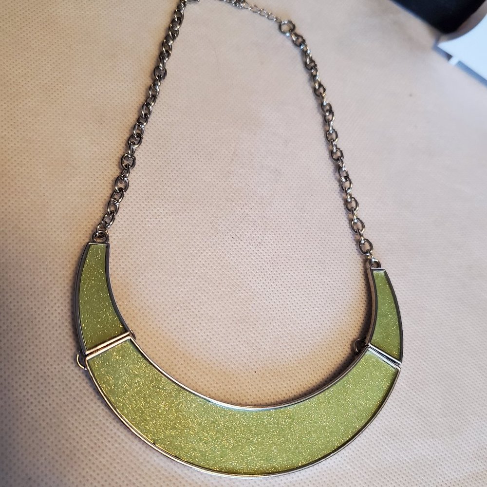 14" Silver Tone Green Torque Collar Style Necklace